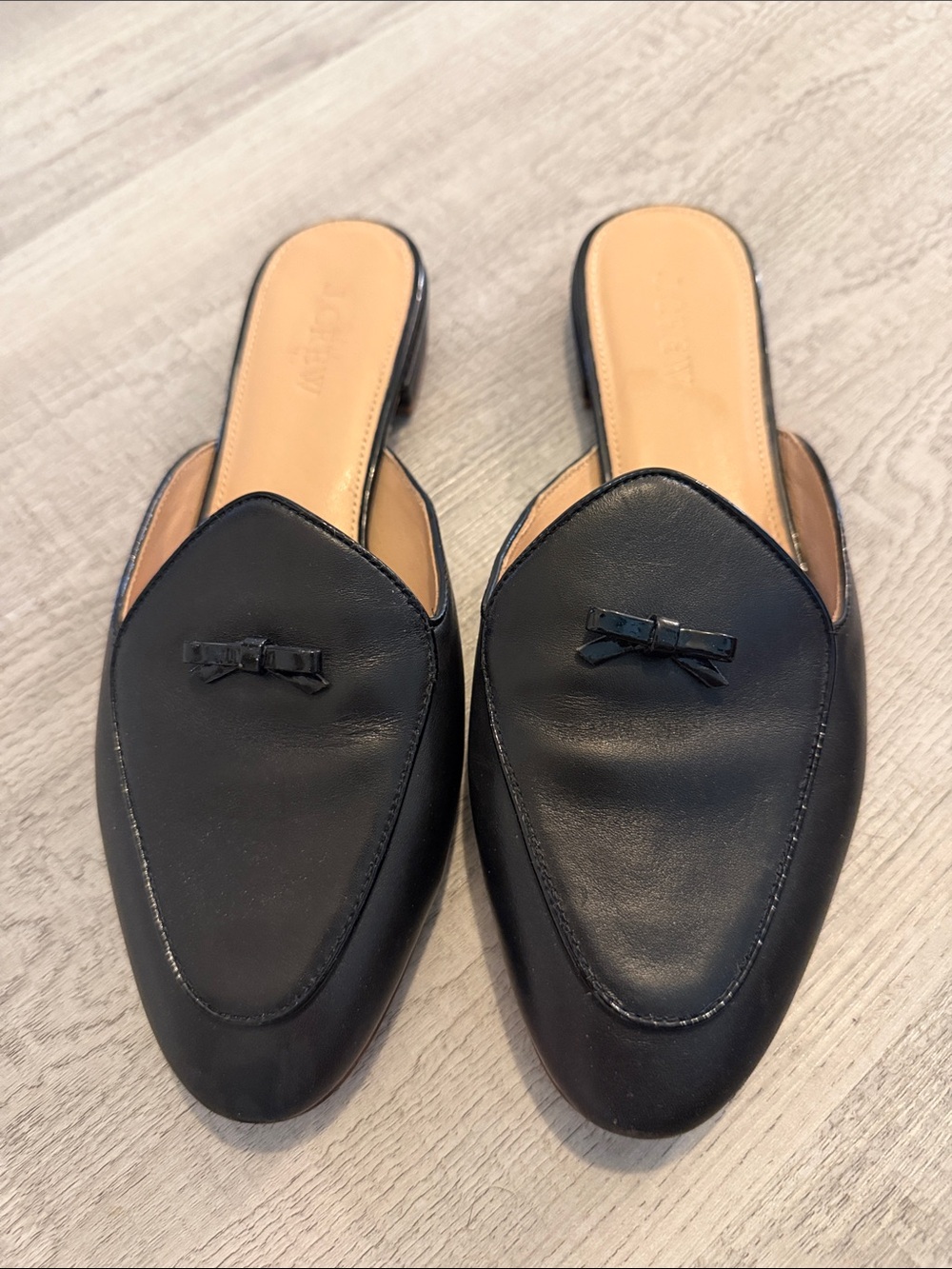 J. Crew Black Leather Slip-On Mules with Mini Bow